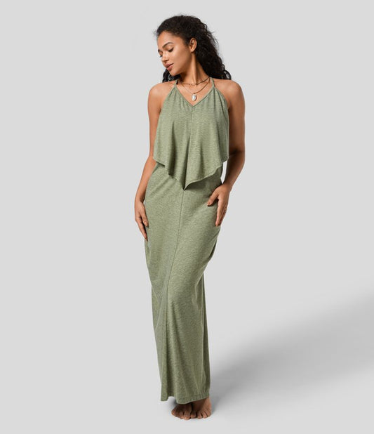 Vittoria | V Neck Backless Strap Back Ruched Maxi Resort Slip Dress 