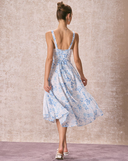 Vada - Blue Square Neck Floral Midi Dress