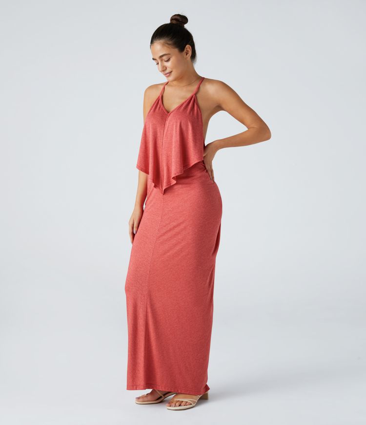 Vittoria | V Neck Backless Strap Back Ruched Maxi Resort Slip Dress 