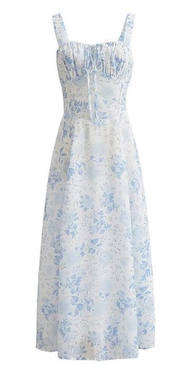 Vada - Blauwe Vierkante Hals Gebloemd Midi Dress