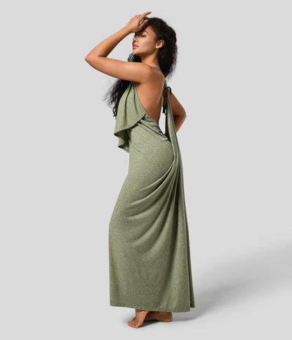 Vittoria | V Neck Backless Strap Back Ruched Maxi Resort Slip Dress 