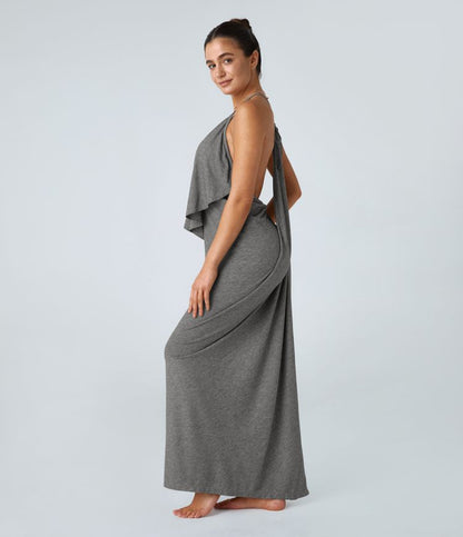 Vittoria | V Hals Rugloze Band Terug Ruched Maxi Resort Slip Dress