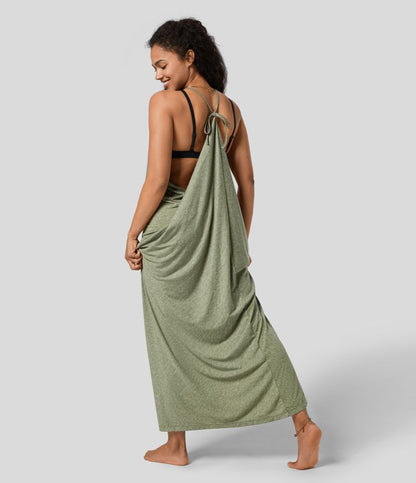 Vittoria | V Neck Backless Strap Back Ruched Maxi Resort Slip Dress 