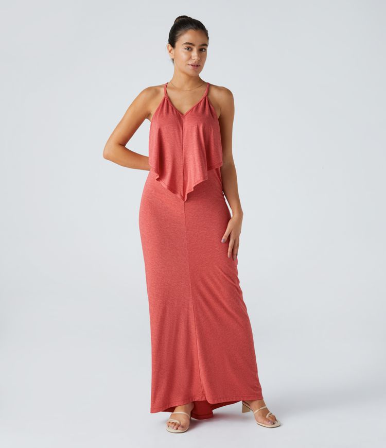 Vittoria | V Neck Backless Strap Back Ruched Maxi Resort Slip Dress 