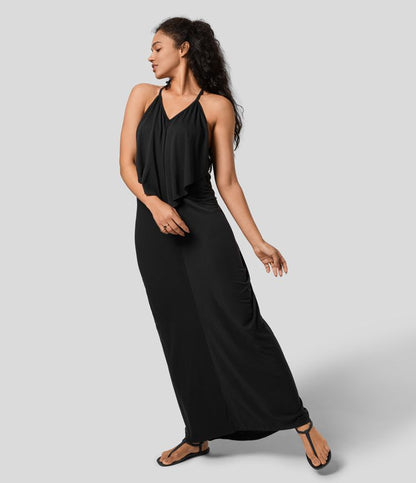 Vittoria | V Neck Backless Strap Back Ruched Maxi Resort Slip Dress 