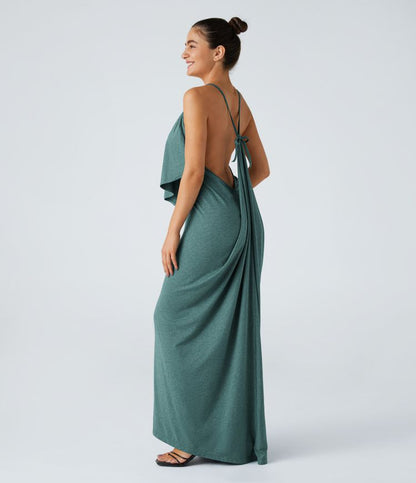 Vittoria | V Neck Backless Strap Back Ruched Maxi Resort Slip Dress 