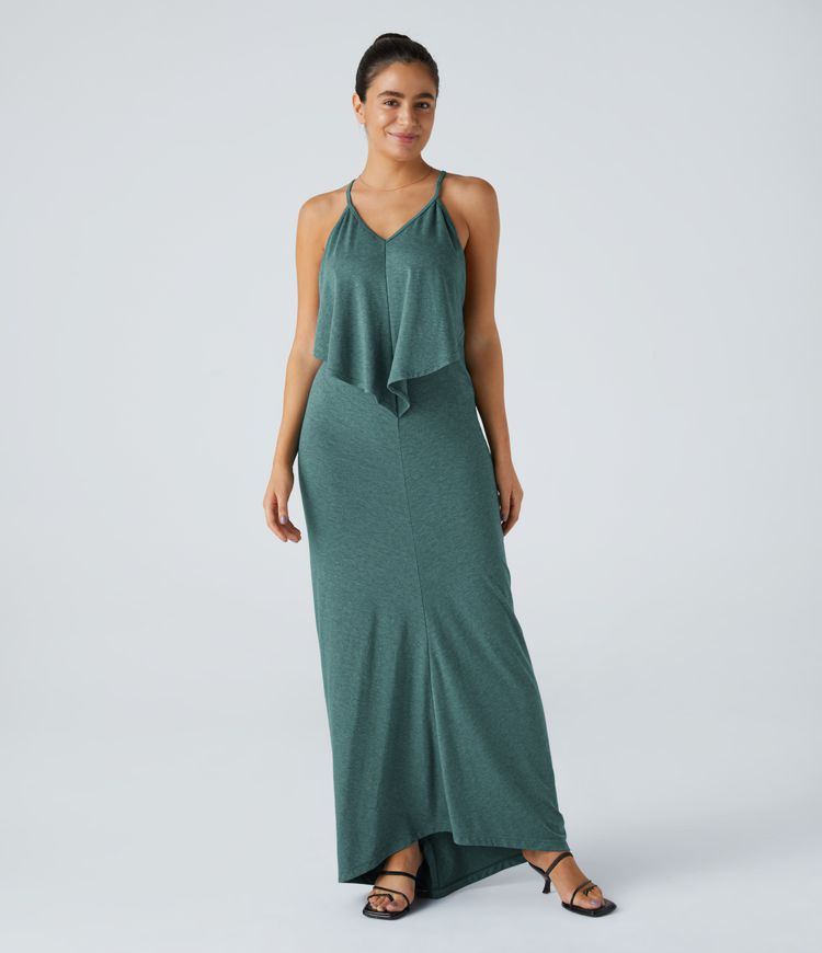 Vittoria | V Neck Backless Strap Back Ruched Maxi Resort Slip Dress 