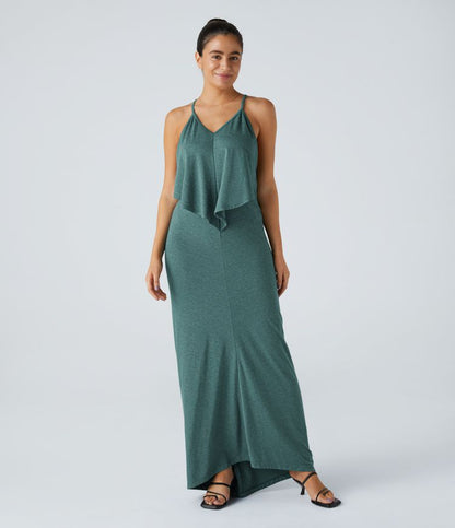 Vittoria | V Neck Backless Strap Back Ruched Maxi Resort Slip Dress 