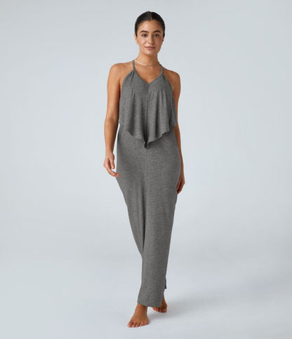 Vittoria | V Hals Rugloze Band Terug Ruched Maxi Resort Slip Dress