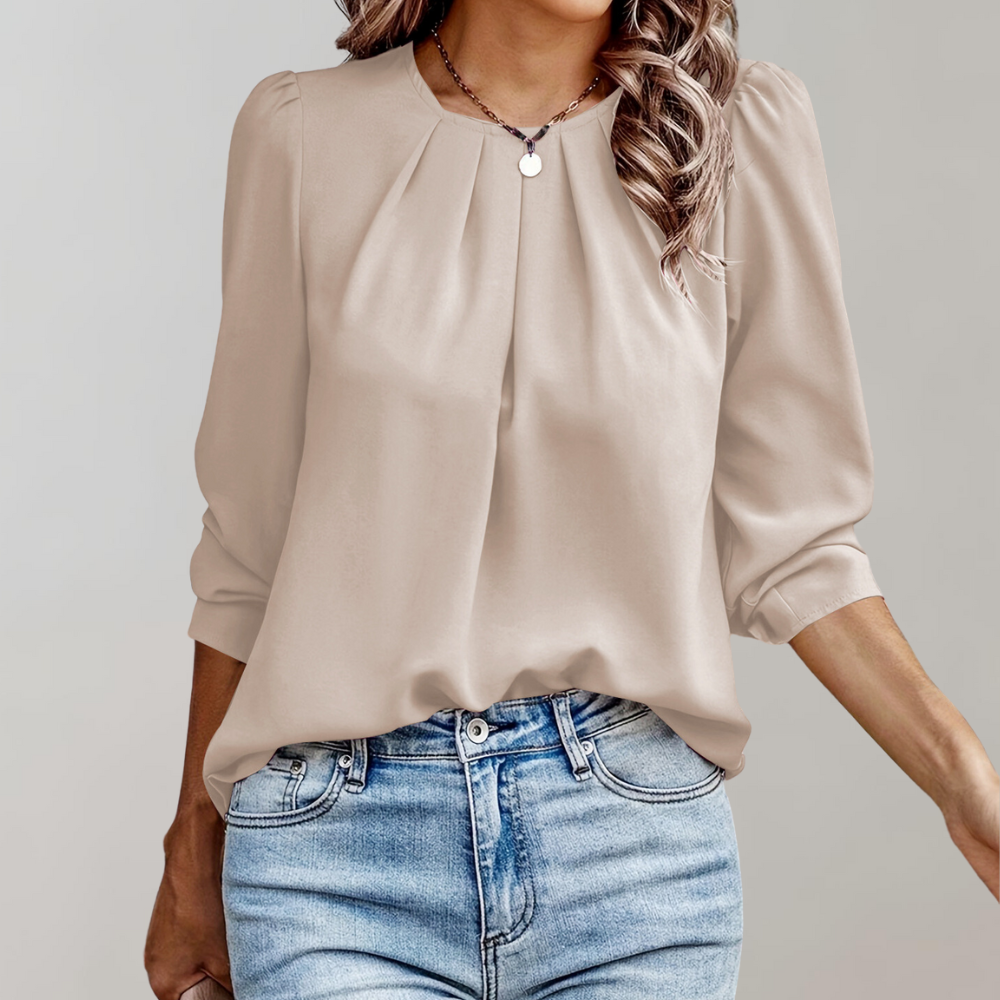 Minty - Pleated women's blouse with puff sleeves