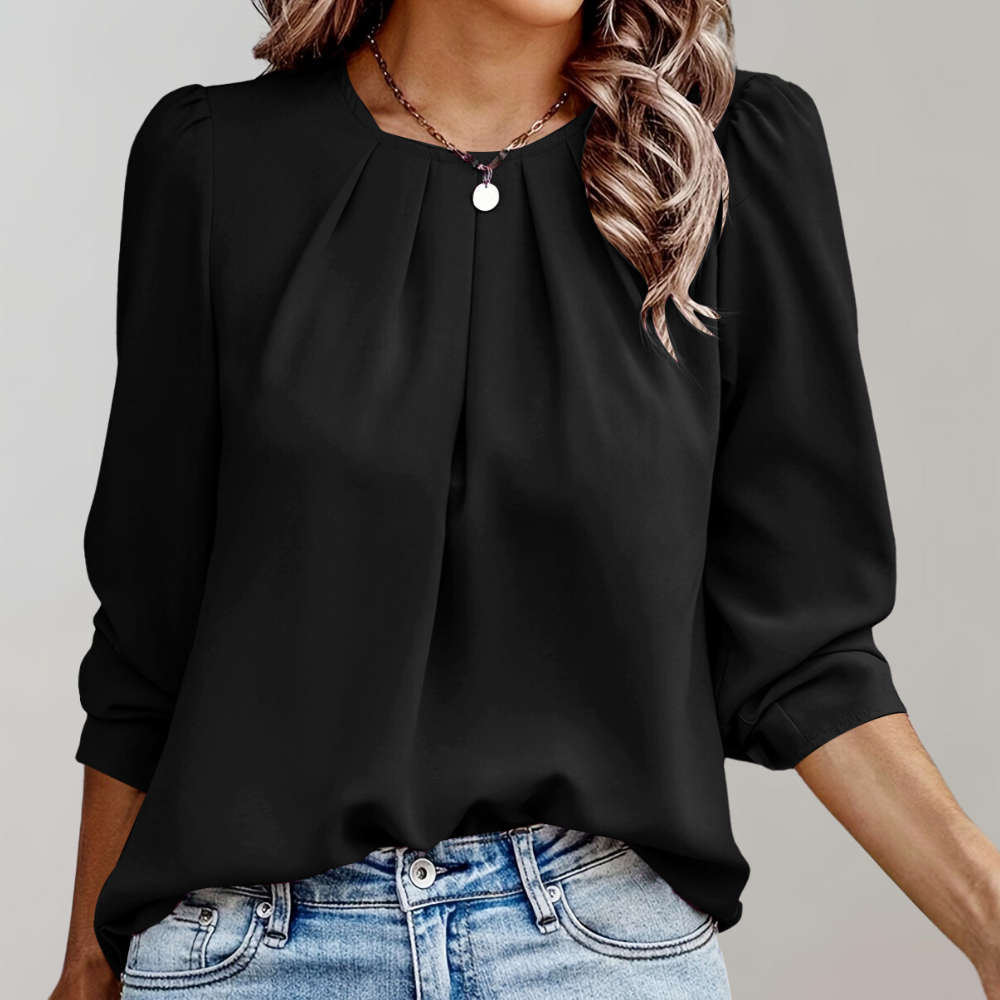 Minty - Pleated women's blouse with puff sleeves