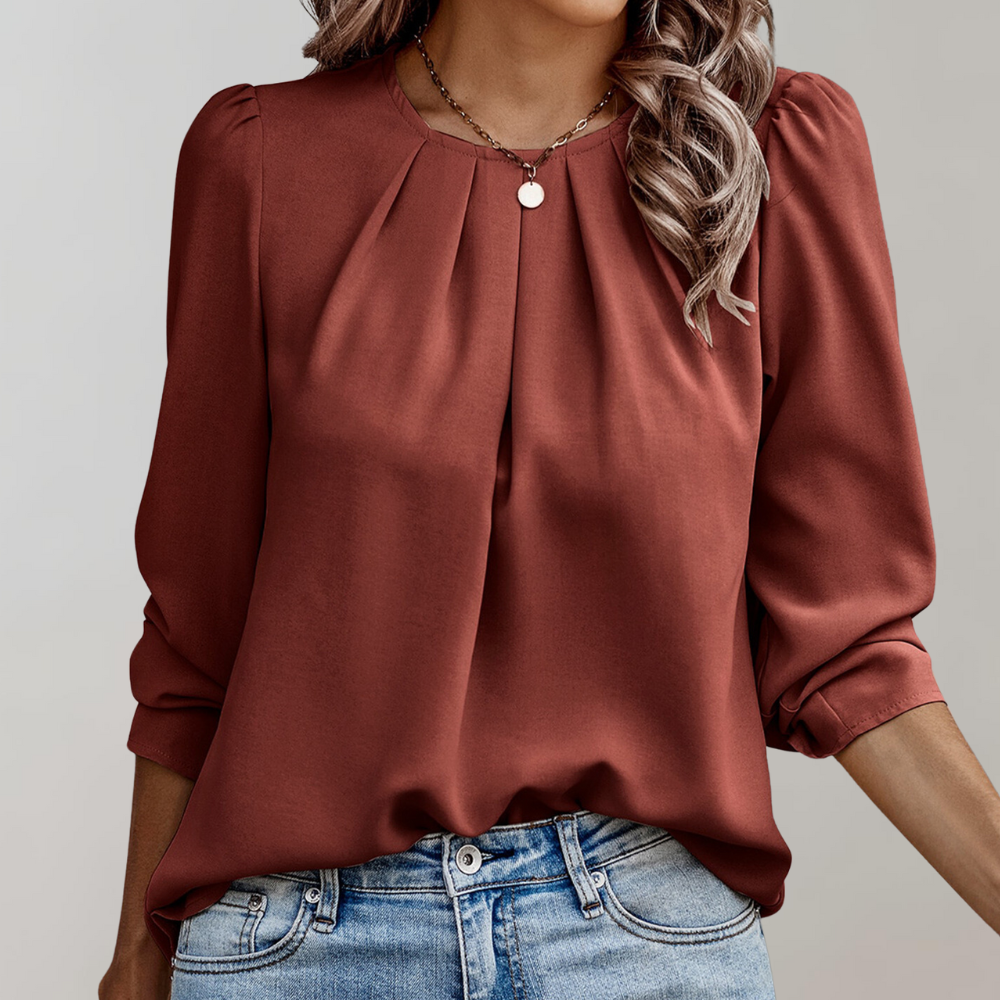 Minty - Pleated women's blouse with puff sleeves