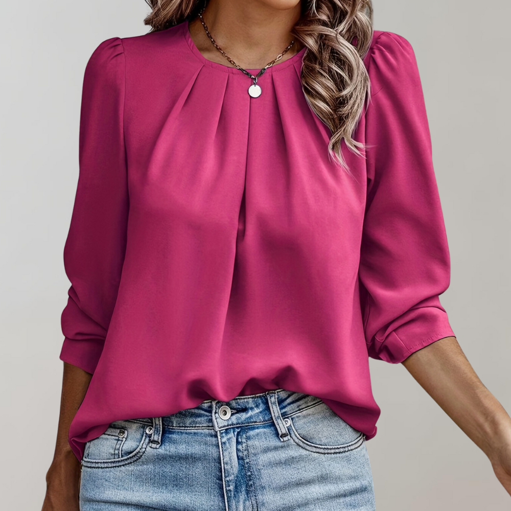 Minty - Pleated women's blouse with puff sleeves