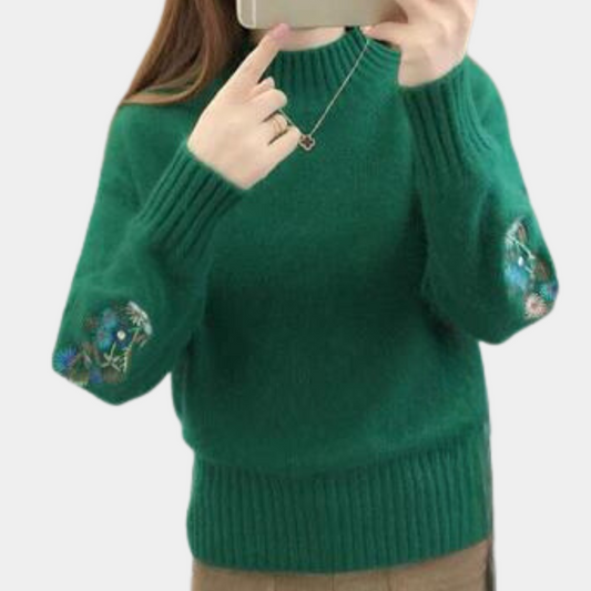 Thick women's sweater with floral embroidery