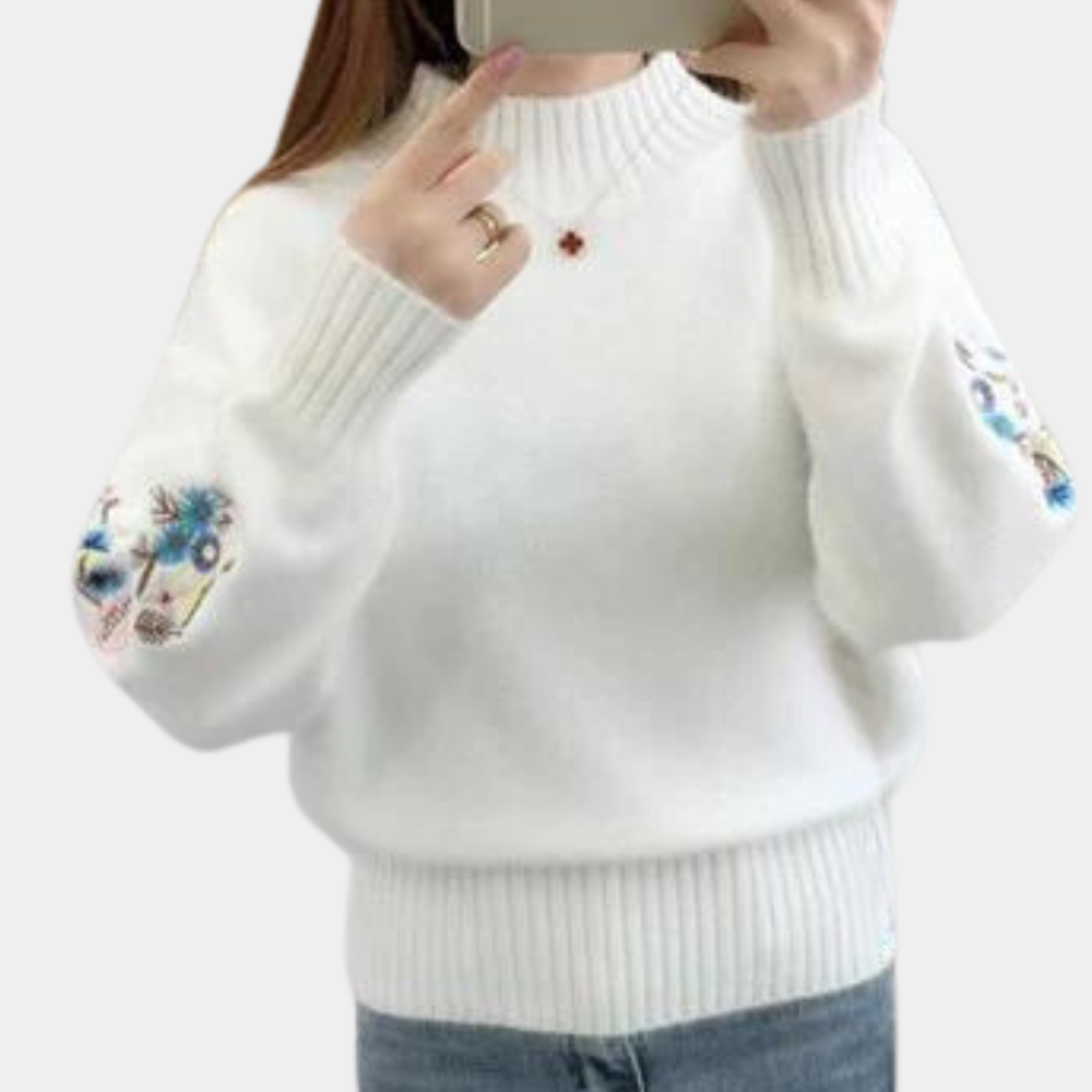 Thick women's sweater with floral embroidery