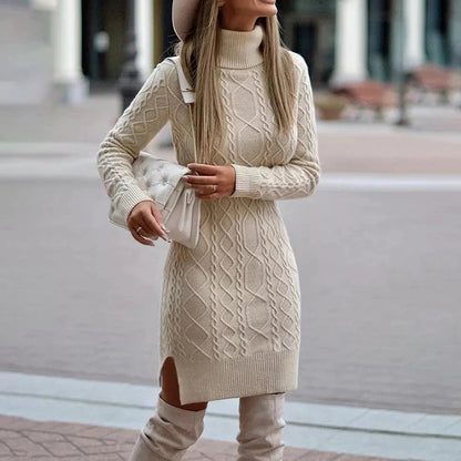 Nalani - Long chunky knit dress with turtleneck for women