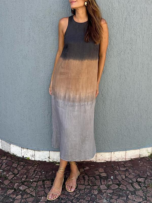 Elettra - Airy cotton linen dress with color gradient and slit in the legs