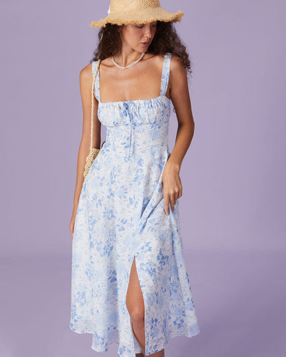 Vada - Blue Square Neck Floral Midi Dress