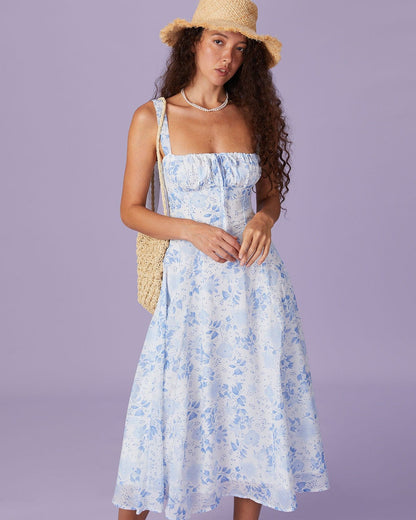 Vada - Blue Square Neck Floral Midi Dress